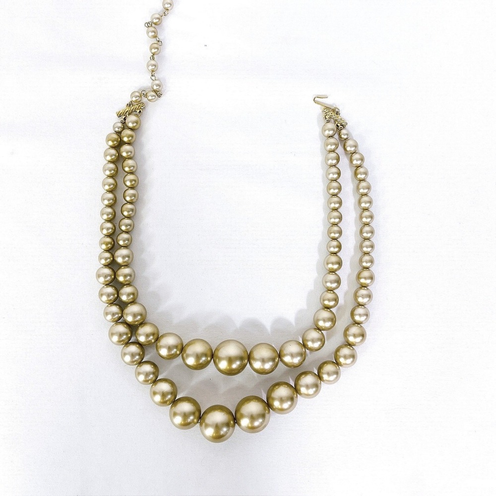 Vintage Gold Double Strand Faux Pearl Choker Necklace Chunky Graduated Hook 18in - Picture 7 of 15